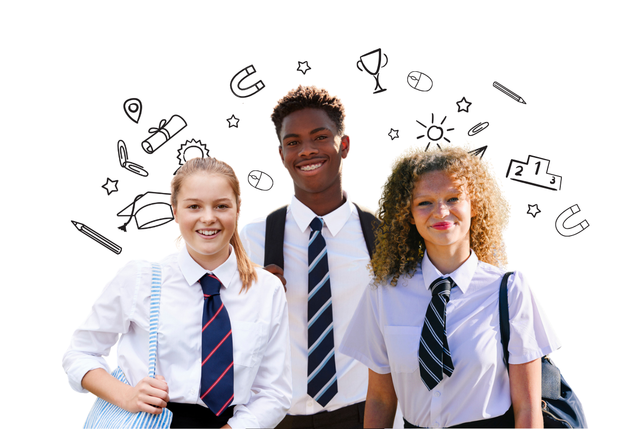 Three secondary-school students with education doodles